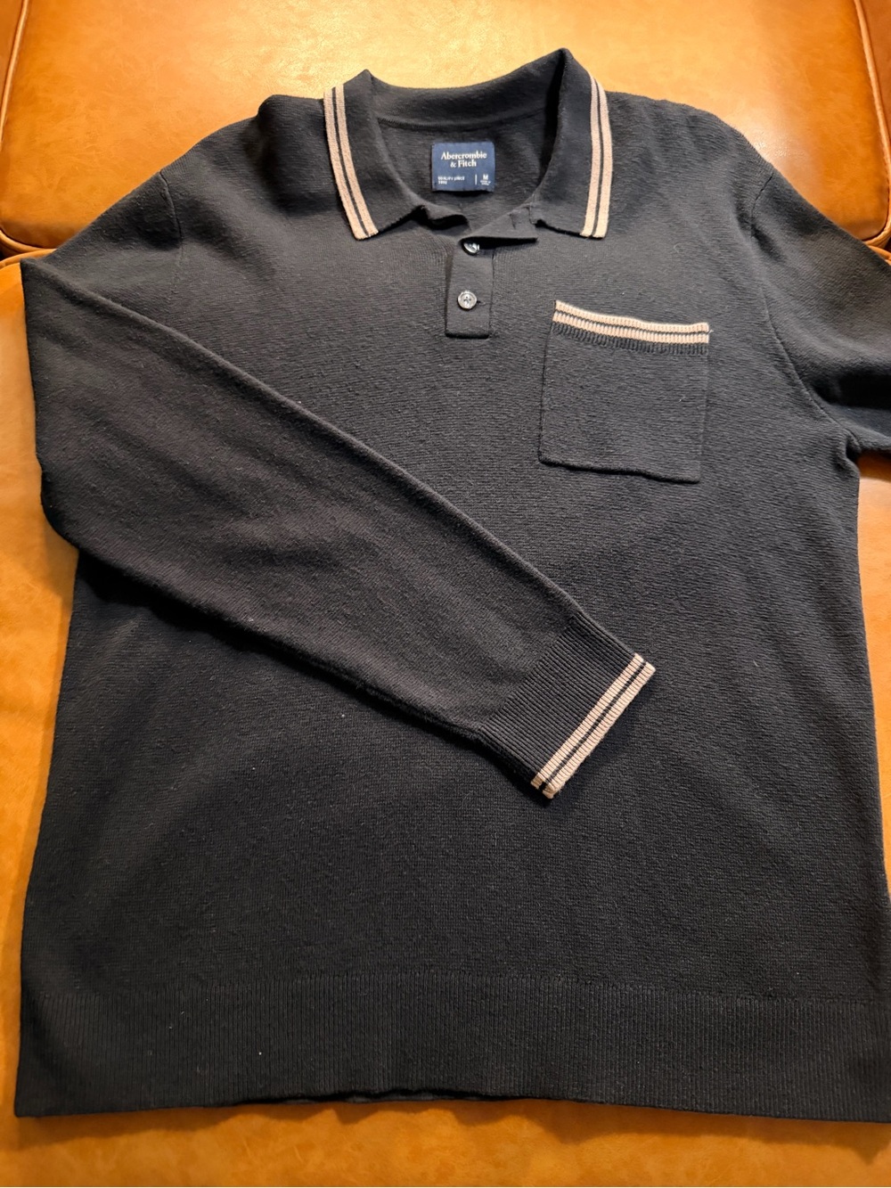 Abercrombie & Fitch Black Long-Sleeve Sweater Polo with Tan Trim